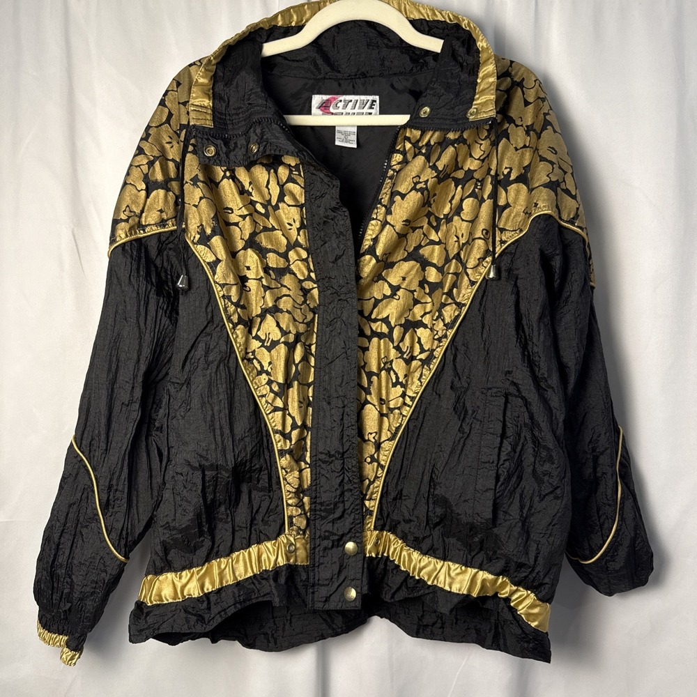 Active Stuff 80's 90's Mob Wife Jacket Womens L Black Gold Vtg Fall Winter